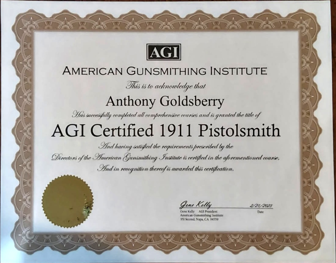 AGI Certified 1911 Pistolsmith certificate
