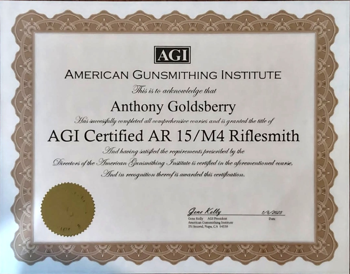 AGI Certified AR-15/M4 Riflesmith certificate