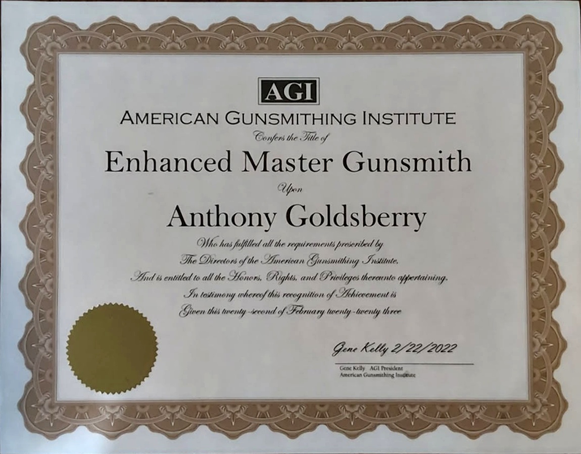 AGI Enhanced Master Gunsmith certificate